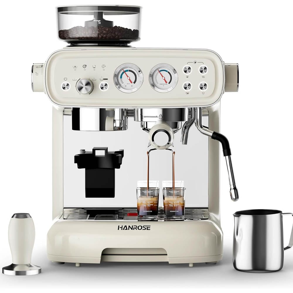 Espresso machine with built-in grinder, milk frother steam wand, and 20-bar pressure — retro-style coffee maker for home baristas