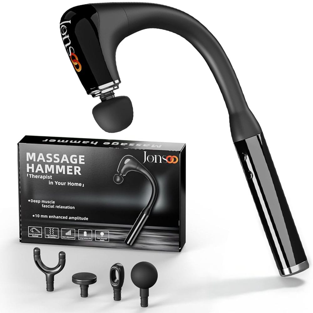 Handheld massage hammer with 5 speeds, 4 attachments, USB charging, and ergonomic hook handle — relaxing gift for tired or active husbands