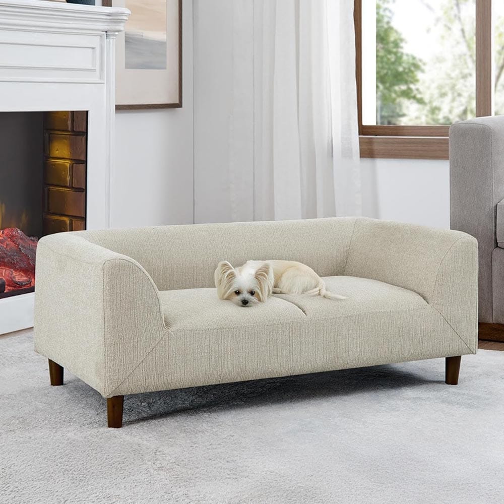 Modern elevated dog sofa with plush cushion and button-tufted design — orthopedic support and stylish furniture for small to medium dogs