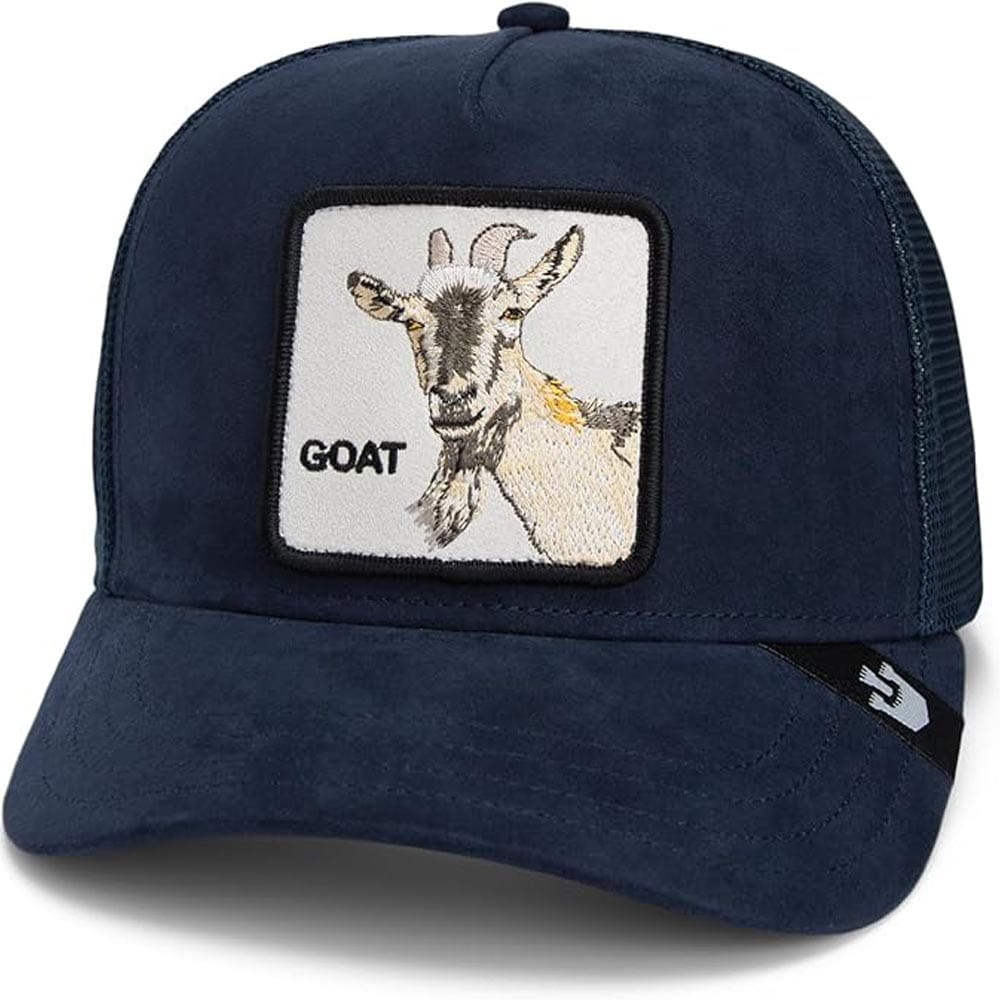 Embroidered “The GOAT” trucker hat with mesh back, suede front, and adjustable snapback — fun and flattering birthday gift for husbands