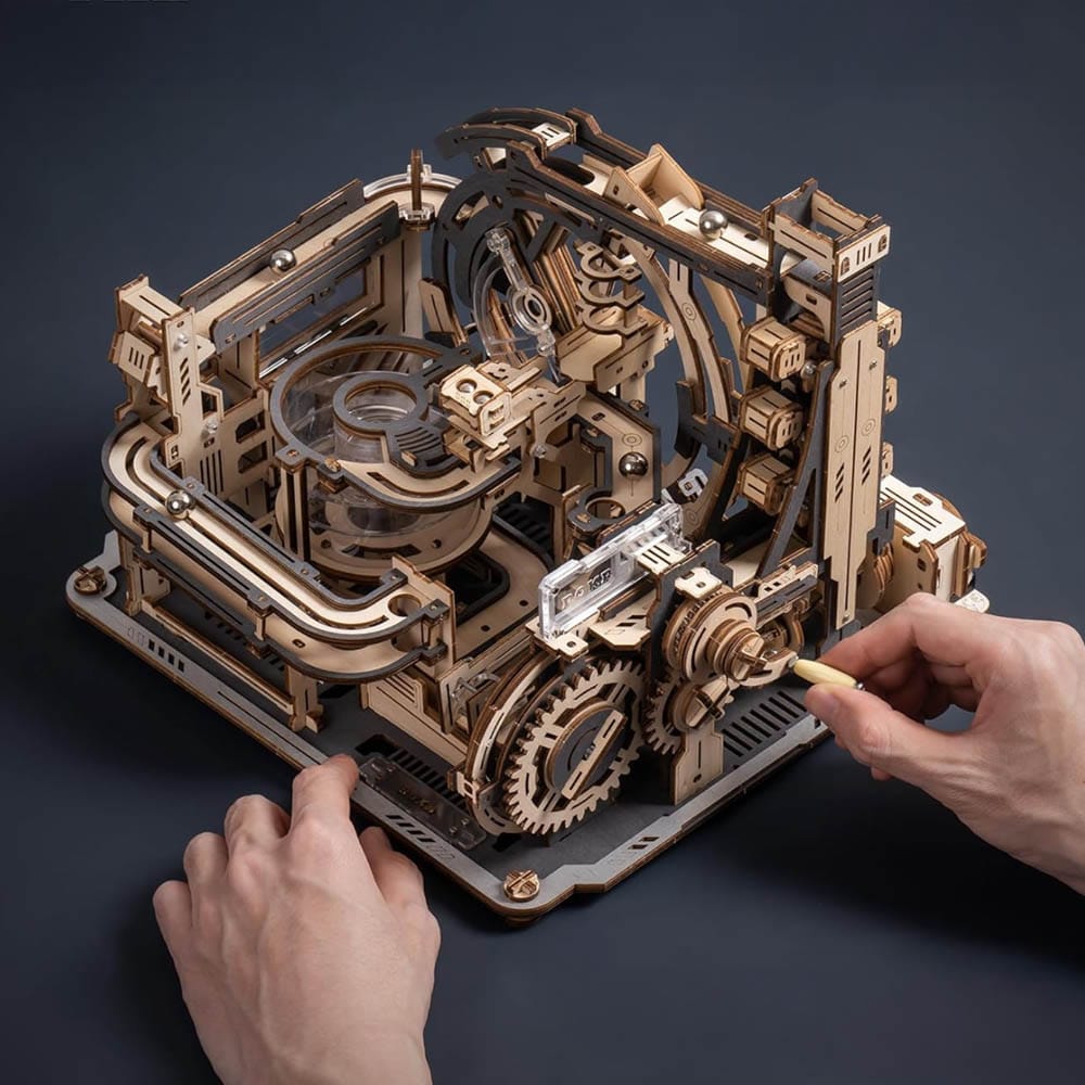 Intricate 3D marble run wooden puzzle with gears and ramps — a hands-on, brain-boosting gift for Grandpas who love to build and tinker